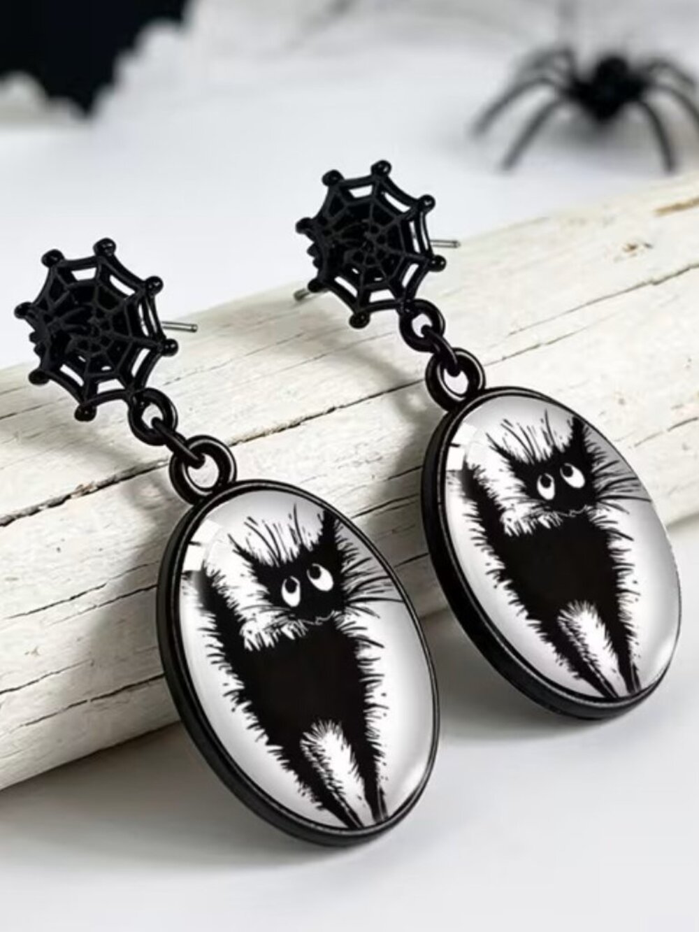 Black Earrings with Glow-in-the-Dark Fluffy Black Cat & Spiderweb Z270